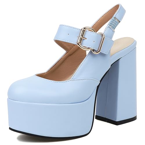 Asterisco Damen Plateau Sandals Hohen Blockabsatz Knöchelriemchen 240166 Daily Schuhe Light-Blau Gr 36 EU von Asterisco