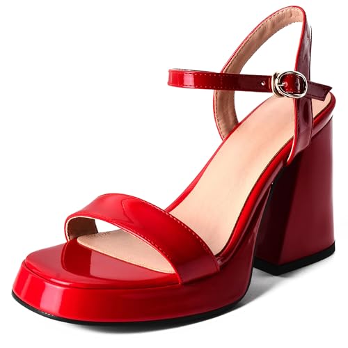 Asterisco Damen Plateau Sandals Hohen Blockabsatz Knöchelriemchen 240329 Kleid Sandales Rot Gr 41 EU/43Cn von Asterisco