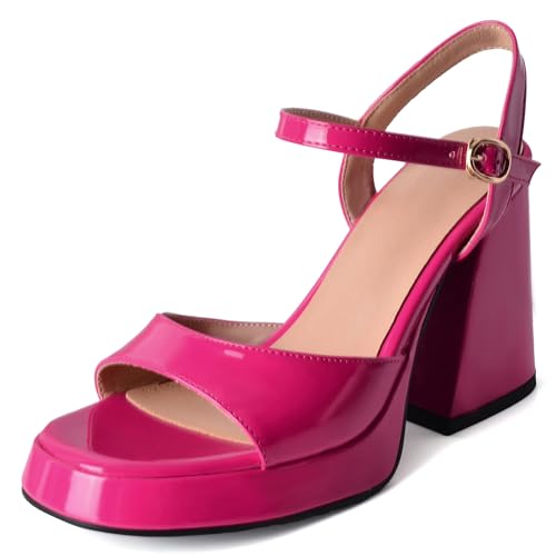 Asterisco Damen Plateau Sandals Hohen Blockabsatz Knöchelriemchen 240330 Kleid Sandales Rose-Rot Gr 40 EU/41Cn von Asterisco