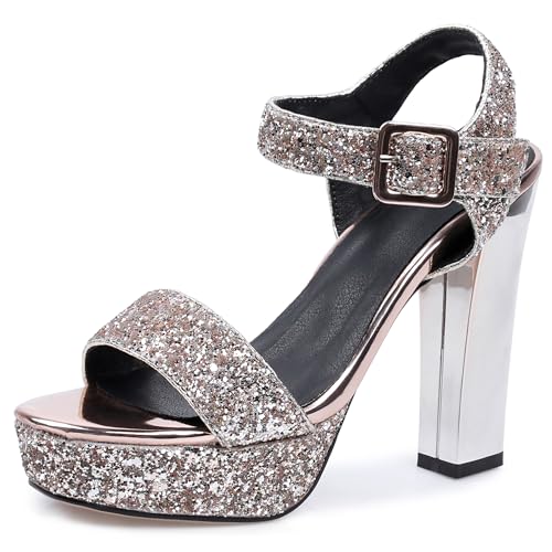 Asterisco Damen Plateau Sandals Hohen Blockabsatz Knöchelriemchen 240389 Abendschuhe Gold Gr 35 EU von Asterisco