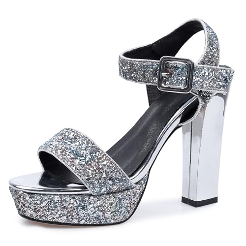 Asterisco Damen Plateau Sandals Hohen Blockabsatz Knöchelriemchen 240389 Abendschuhe Silber Gr 39 EU/40Cn von Asterisco