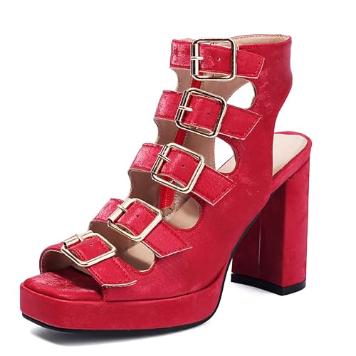 Asterisco Damen Plateau Sandals Hohen Blockabsatz Knöchelriemchen 240433 Sandals Rot Gr 39 EU/40Cn von Asterisco