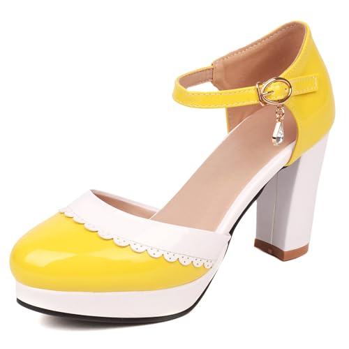 Asterisco Damen Plateau Sandals Hohen Blockabsatz Knöchelriemchen 240445 Kleid Sandales Gelb Gr 33.5 EU/33Cn von Asterisco