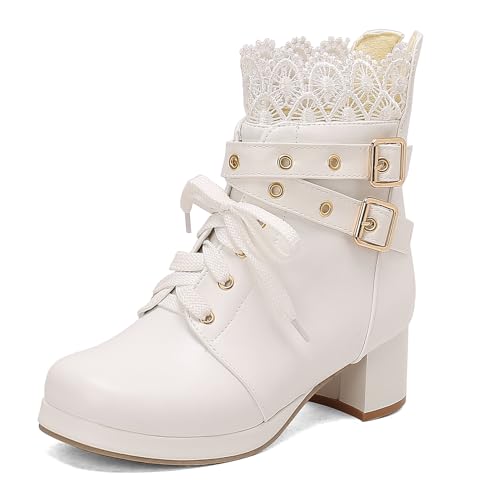 Asterisco Damen Plateau Stiefeletten Block Mitte Absatz Reißverschluss Runde Zehen 240807 Weiß Gr 39 EU/40Cn von Asterisco