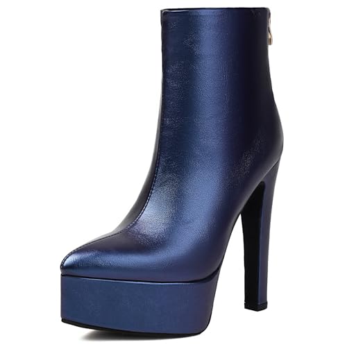 Asterisco Damen Plateau Stiefeletten Hohen Blockabsatz Reißverschluss Runde Zehen 240815 Blau Gr 39 EU/40Cn von Asterisco
