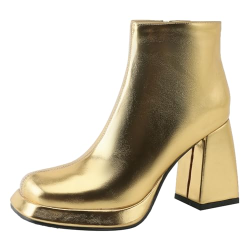 Asterisco Damen Plateau Stiefeletten Hohen Blockabsatz Reißverschluss Square Toe 240924 Gold Gr 40.5 EU/42Cn von Asterisco