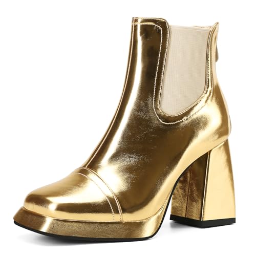 Asterisco Damen Plateau Stiefeletten Hohen Blockabsatz Reißverschluss Square Toe 240933 Gold Gr 40.5 EU/42Cn von Asterisco