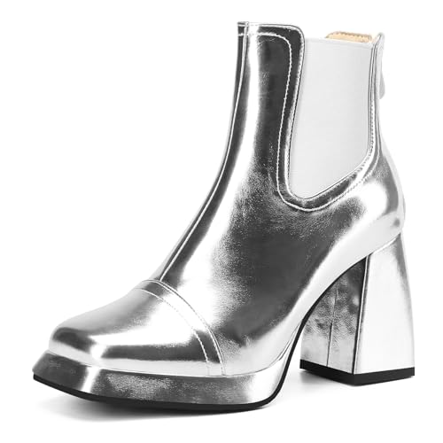 Asterisco Damen Plateau Stiefeletten Hohen Blockabsatz Reißverschluss Square Toe 240933 Silber Gr 33 EU/32Cn von Asterisco