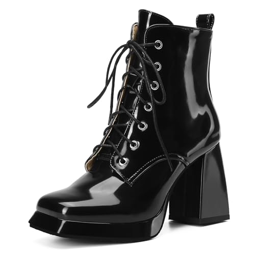 Asterisco Damen Plateau Stiefeletten Hohen Blockabsatz Schnüren Square Toe 240926 Schwarz Gr 41 EU/43Cn von Asterisco