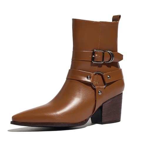 Asterisco Damen Stiefeletten Block Mitte Absatz Reißverschluss Pointed Toe 240820 Dark-Braun Gr 36.5 EU/37Cn von Asterisco