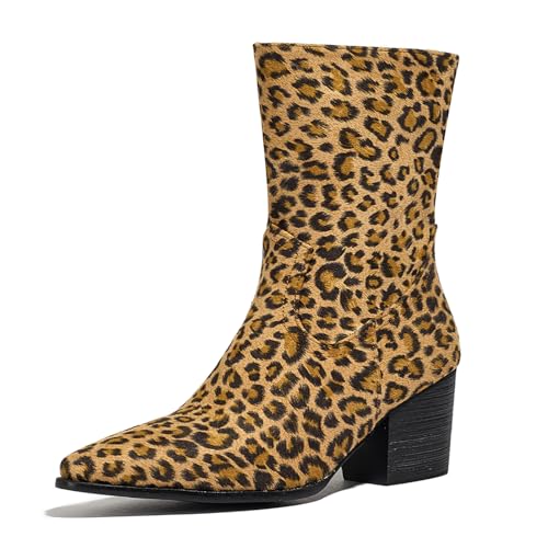 Asterisco Damen Stiefeletten Hohen Blockabsatz Reißverschluss Pointed Toe 240852 Leopard-Print Gr 36.5 EU/37Cn von Asterisco
