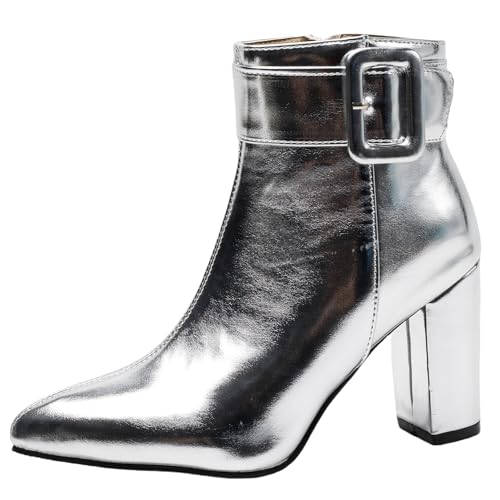 Asterisco Damen Stiefeletten Hohen Blockabsatz Reißverschluss Pointed Toe 240938 Silber Gr 40 EU/41Cn von Asterisco