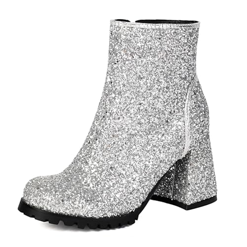 Asterisco Damen Stiefeletten Hohen Blockabsatz Reißverschluss Runde Zehen 240846 Silber Gr 36 EU von Asterisco