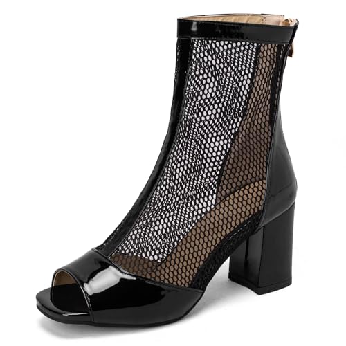 Asterisco Damen Stiefeletten mit Blockabsatz Mesh Shaft Höhe Ferse Boot Peep Toe Zip Sommer Sandals, U51464Al Schwarz Gr 42 EU/44Cn von Asterisco