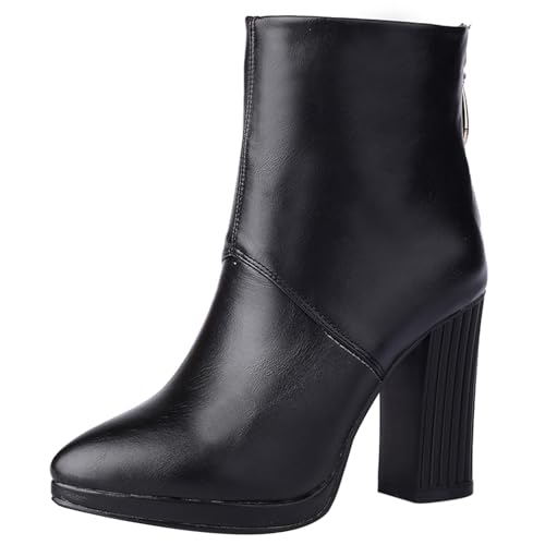 Asterisco Damen Stiefeletten mit Blockabsatz mit Plateau Höhe Ferse Boot Pointed Toe Zip Anzugstiefel, K41454Uw Schwarz Gr 45 EU/47Cn von Asterisco