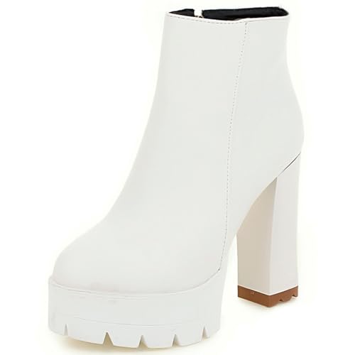 Asterisco Damen Stiefeletten mit Blockabsatz mit Plateau Höhe Ferse Stiefeletten Runde Zehen Zip Anzugstiefel, Q184181Ps Weiß Gr 36.5 EU/37Cn von Asterisco
