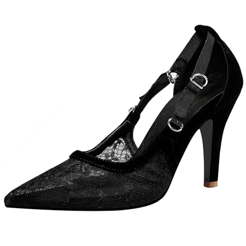 Asterisco Damen Stiletto Pumps Bestickt High Sandalen Pointed Toe Ohne Verschluss Elegant Mesh Schuhe, D5756Qs Schwarz Gr 32 EU/31Cn von Asterisco