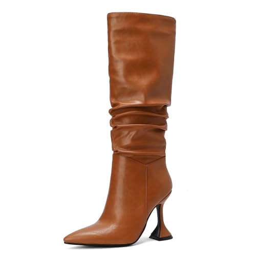 Asterisco Kniehohe Damenstiefel mit Stiletto-Absatz Höhe Ferse Stiefel Pointed Toe Ohne Verschluss Lockere Stiefel, Z30833Rc Braun Gr 39 EU/40Cn von Asterisco