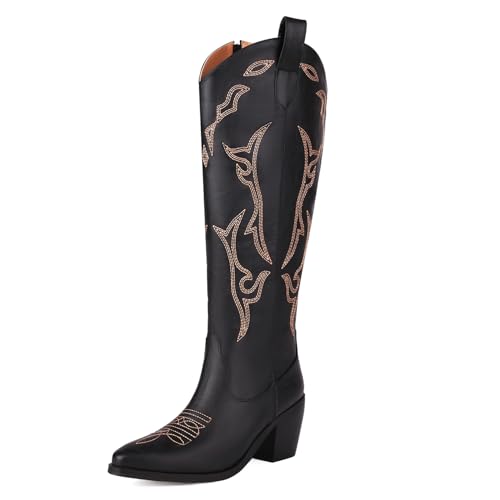 Asterisco Wadenhohe Damenstiefel mit Blockabsatz Bestickt Höhe Ferse Stiefel Pointed Toe Zip Cowboystiefel, A245463Qg Schwarz Gr 40 EU/41Cn Asterisco Wadenhohe Damenstiefel mit Blockabsatz Bestickt Höhe Ferse Stiefel Pointed Toe Zip Cowboystiefel, A245463Qg Schwarz Gr 40 EU/41Cn von Asterisco