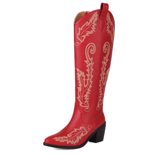 Asterisco Wadenhohe Damenstiefel mit Blockabsatz Bestickt Höhe Ferse Stiefel Pointed Toe Zip Cowboystiefel, L244202Wm Rot Gr 41 EU/43Cn von Asterisco