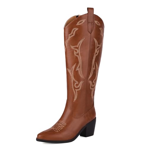 Asterisco Wadenhohe Damenstiefel mit Blockabsatz Bestickt Höhe Ferse Stiefel Pointed Toe Zip Cowboystiefel, X245346Mi Braun Gr 40 EU/41Cn Asterisco Wadenhohe Damenstiefel mit Blockabsatz Bestickt Höhe Ferse Stiefel Pointed Toe Zip Cowboystiefel, X245346Mi Braun Gr 40 EU/41Cn von Asterisco