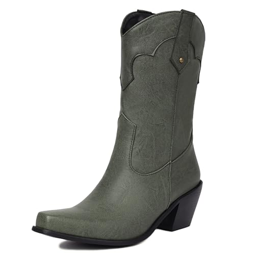 Asterisco Wadenhohe Damenstiefel mit Blockabsatz Mitte Absatz Boot Pointed Toe Ohne Verschluss Cowboystiefel, O25438El Grün Gr 39 EU/40Cn von Asterisco