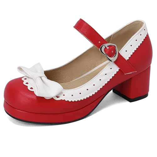 Damen Blockabsatz Mary Jane mit Plateau Bogen Mitte Absatz Schuhe Runde Zehen Schnalle Elegant Pumps, A30274Xw Rot Gr 39 EU/40Cn von Asterisco