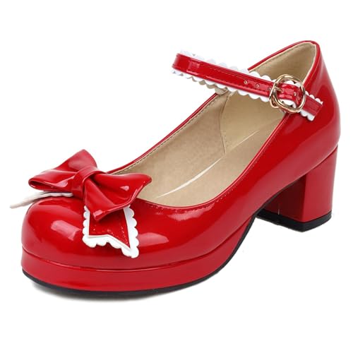 Damen Blockabsatz Mary Jane mit Plateau Bogen Mitte Absatz Schuhe Runde Zehen Schnalle Elegant Pumps, G27674Kw Rot Gr 46 EU/48Cn von Asterisco
