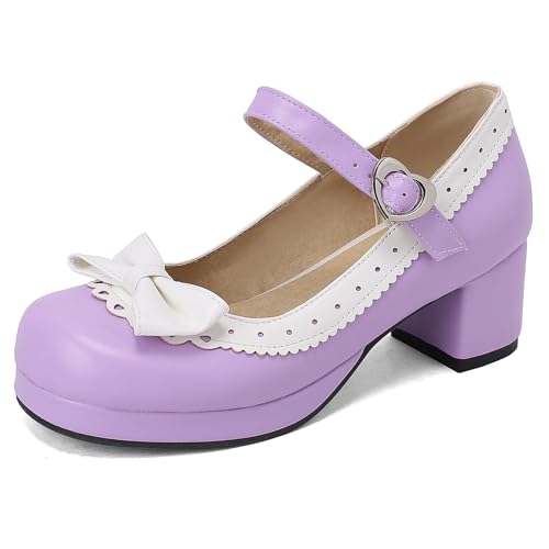 Damen Blockabsatz Mary Jane mit Plateau Bogen Mitte Absatz Schuhe Runde Zehen Schnalle Elegant Pumps, H30469Vb Violett Gr 38 EU/39Cn von Asterisco
