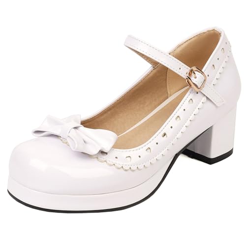 Damen Blockabsatz Mary Jane mit Plateau Bogen Mitte Absatz Schuhe Runde Zehen Schnalle Elegant Pumps, R29013Oh Weiß Gr 38 EU/39Cn von Asterisco