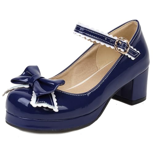 Damen Blockabsatz Mary Jane mit Plateau Bogen Mitte Absatz Schuhe Runde Zehen Schnalle Elegant Pumps, T27999Nq Blau Gr 40 EU/41Cn von Asterisco