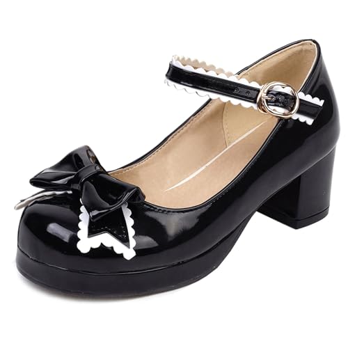 Damen Blockabsatz Mary Jane mit Plateau Bogen Mitte Absatz Schuhe Runde Zehen Schnalle Elegant Pumps, U28272Cy Schwarz Gr 44 EU/46Cn von Asterisco