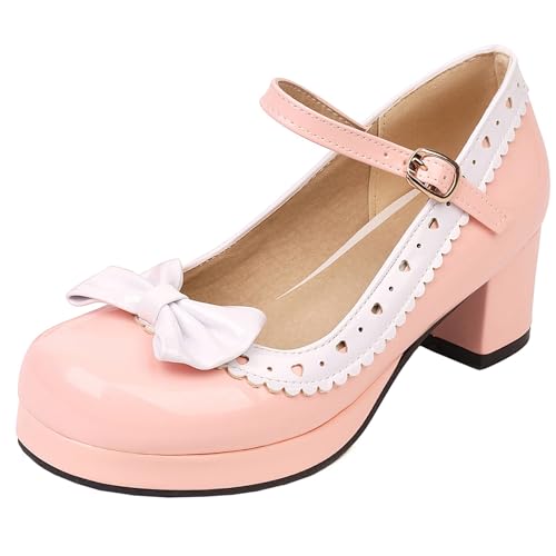 Damen Blockabsatz Mary Jane mit Plateau Bogen Mitte Absatz Schuhe Runde Zehen Schnalle Elegant Pumps, Z29663Gj Pink Gr 40 EU/41Cn von Asterisco