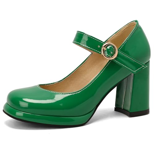 Damen Blockabsatz Mary Jane mit Plateau Höhe Ferse Schuhe Runde Zehen Schnalle Elegant Pumps, G38009Ww Grün Gr 41 EU/43Cn von Asterisco