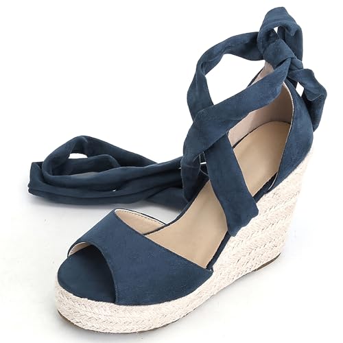 Damen Plateau Espadrille Hohen Keilabsatz Ankle Wrap 240457 Sandals Blau Gr 35 EU von Asterisco