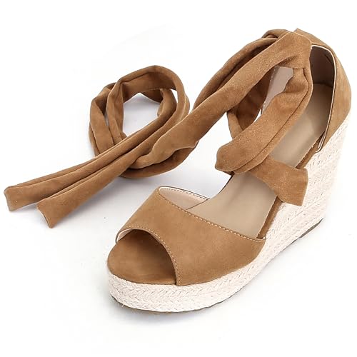 Damen Plateau Espadrille Hohen Keilabsatz Ankle Wrap 240457 Sandals Braun-Tuo Gr 36 EU von Asterisco