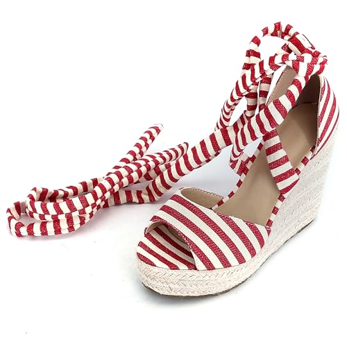 Damen Plateau Espadrille Hohen Keilabsatz Ankle Wrap 240457 Sandals Rot-Weiß Gr 41 EU/43Cn von Asterisco