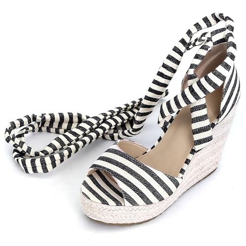 Damen Plateau Espadrille Hohen Keilabsatz Ankle Wrap 240457 Sandals Schwarz-Weiß Gr 36.5 EU/37Cn von Asterisco