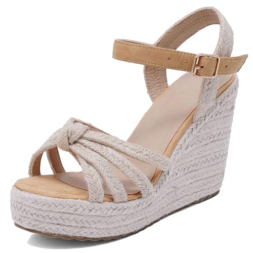 Damen Plateau Espadrille Hohen Keilabsatz Knöchelriemchen 240448 Sandals Aprikose Gr 35 EU von Asterisco