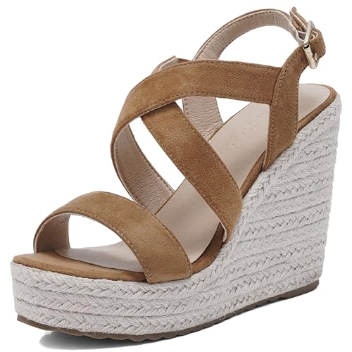 Damen Plateau Espadrille Hohen Keilabsatz Knöchelriemchen 240450 Sandals Braun-Tuo Gr 40 EU/41Cn von Asterisco