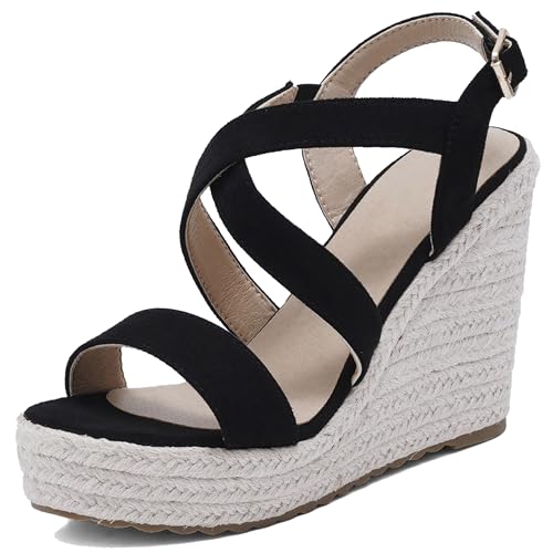 Damen Plateau Espadrille Hohen Keilabsatz Knöchelriemchen 240450 Sandals Schwarz Gr 35 EU von Asterisco