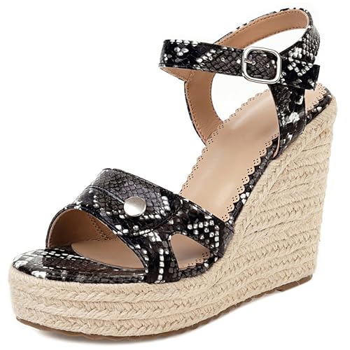 Damen Plateau Espadrille Hohen Keilabsatz Knöchelriemchen 240451 Sandals Schwarz Gr 36 EU von Asterisco