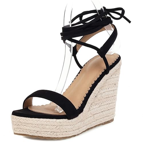 Damen Plateau Espadrille Hohen Keilabsatz Knöchelriemchen 240452 Sandals Schwarz Gr 36.5 EU/37Cn von Asterisco