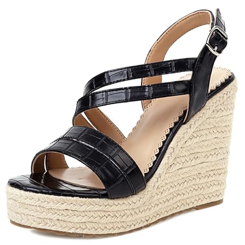 Damen Plateau Espadrille Hohen Keilabsatz Knöchelriemchen 240453 Sandals Schwarz Gr 36 EU von Asterisco