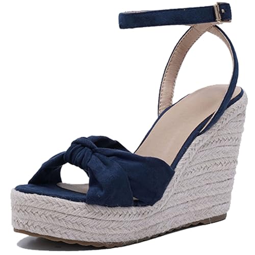 Damen Plateau Espadrille Hohen Keilabsatz Knöchelriemchen 240454 Sandals Blau Gr 40.5 EU/42Cn von Asterisco