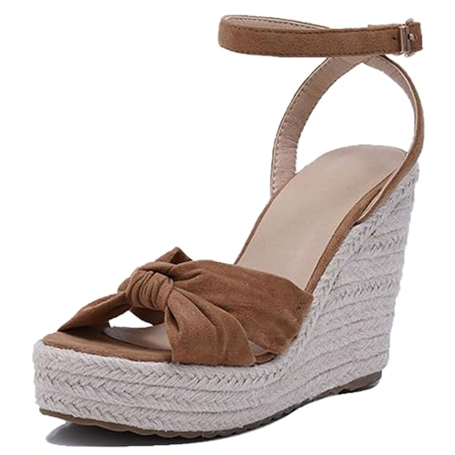 Damen Plateau Espadrille Hohen Keilabsatz Knöchelriemchen 240454 Sandals Braun-Tuo Gr 41 EU/43Cn von Asterisco