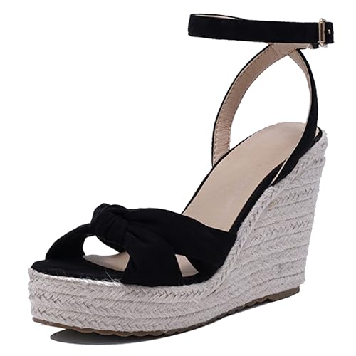 Damen Plateau Espadrille Hohen Keilabsatz Knöchelriemchen 240454 Sandals Schwarz Gr 39 EU/40Cn von Asterisco