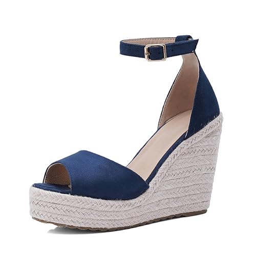 Damen Plateau Espadrille Hohen Keilabsatz Knöchelriemchen 240455 Sandals Blau Gr 41 EU/43Cn von Asterisco