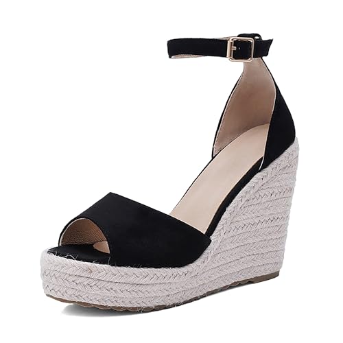 Damen Plateau Espadrille Hohen Keilabsatz Knöchelriemchen 240455 Sandals Schwarz Gr 40 EU/41Cn von Asterisco