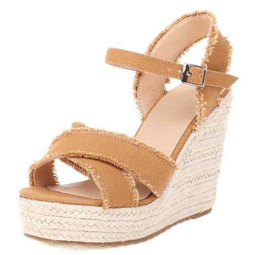 Damen Plateau Espadrille Hohen Keilabsatz Knöchelriemchen 240458 Sandals Braun Gr 40.5 EU/42Cn von Asterisco